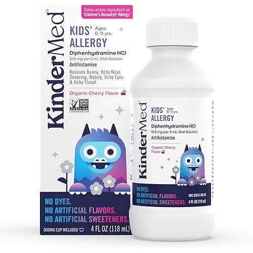 KinderMed Kids' Allergy Medicine with Diphenhydramine HCI, No Dyes, No Artificial Flavors or Sweeteners, Vegan, Non-GMO, Gluten Free, for Kids 6-11 Years, Organic Cherry Flavor (4 Fl Oz)