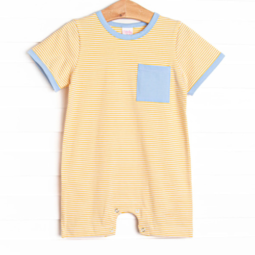 Evan Short Romper, Light Blue and Yellow Stripe – Stitchy Fish