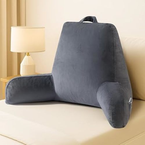 Reading Pillow for Sitting in Bed Adult, 18" H Back Pillow for Bed Sitting Up with Shredded Memory Foam, Back Support Pillow with Washable Cover, Backrest Pillow with Extend Arms, Gery, Large