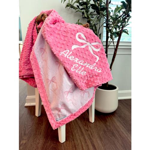 Personalized Pink Bow Minky Blanket with Name, Pink Bows & Flowers, Baby Girl Blanket, Shower Gift, Pink Bow Nursery, Kid Name, Embroider