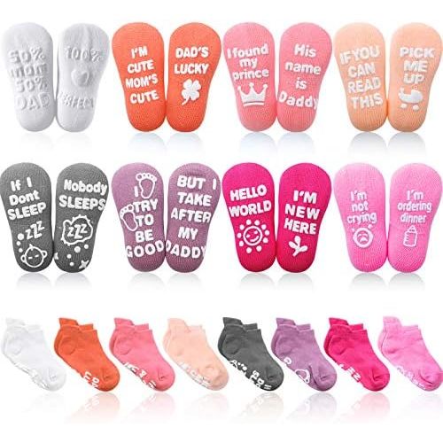 SATINIOR 8 Pairs Baby Non-slip Grip Ankle Socks Non-Skid Gripper Socks with Funny Sayings, 1-3 Years, 4.5 Inches