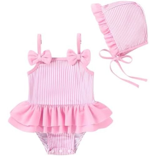 YOUNGER TREE Baby Girls Swimsuit One Piece Swimwear Ruffled Infant Swimsuit Floral Print Bathing Suit with Hat,UPF 50+