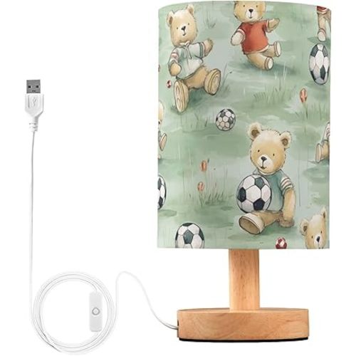 Bedside Lamp Teddy Bear Soccer Cute Table Lamp with USB Port Wood Base for Living