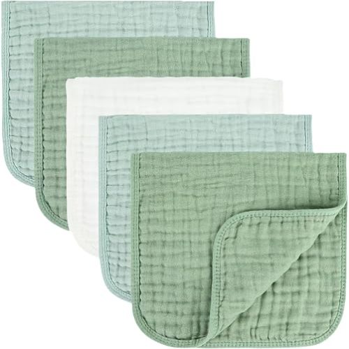 MIGIOL Baby Burp Cloths 100% Cotton Newborn Muslin Burp Cloths 10x20 inches Baby Essentials (5, Green & White)