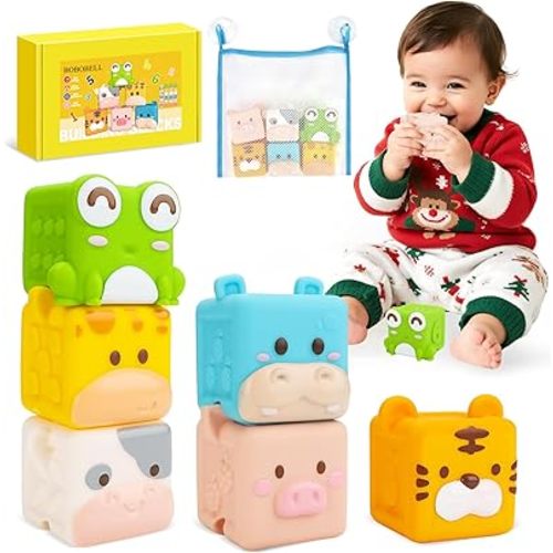 Animal Soft Baby Blocks,Silicone Squeeze Building Blocks Stacking Toys for 6+ Months Babies,Early Learning Touch Education Toys with Numbers Animals Fruits Texture Baby Gifts Easter Basket
