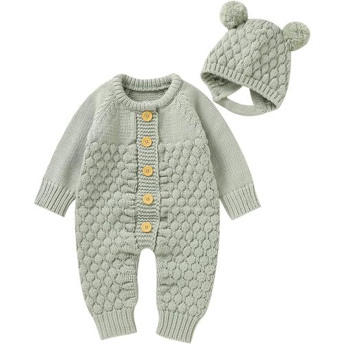 Newborn Baby Boy Girl Winter Clothes Knitted Sweater Romper Crewneck Solid Color Jumpsuit Hat Infant Fall Outfit