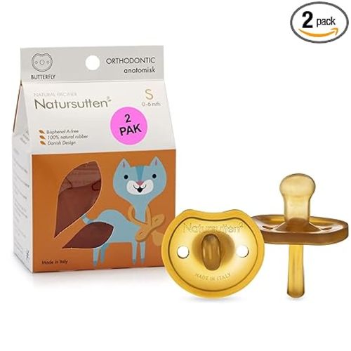 Natursutten 2-Pack Natural Rubber Pacifiers - Safe & Soft BPA-Free Pacifier for Breastfeeding Babies, Made in Italy, Butterfly Shield Orthodontic Nipple, Newborn 0-6 Months