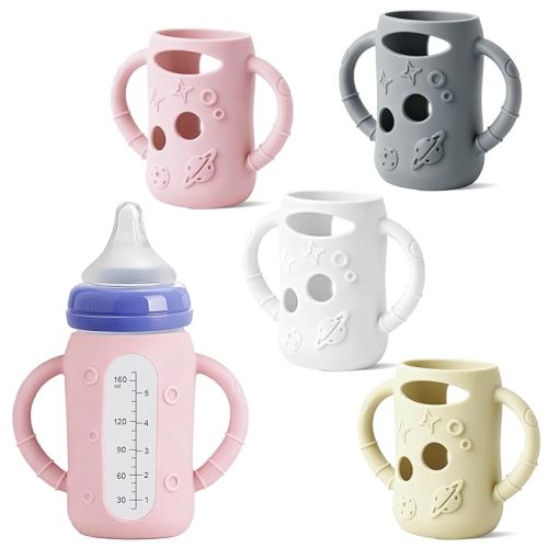 Lionpower 4 Pack Silicone Sleeves for Lansinoh Glass Bottles (Old Style) 5oz – Protective Covers with Handle, Non-Slip Baby Bottle Holder, Compatible with Lansinoh Bottles (Grey+Pink+Beige+White(5OZ))