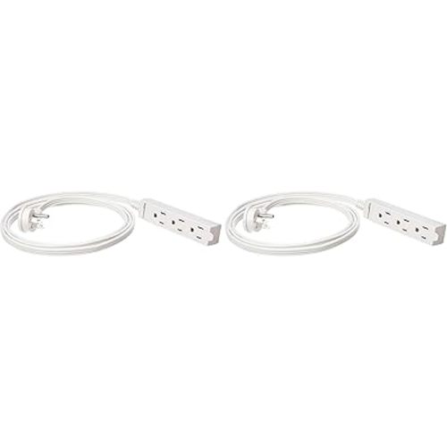 Amazon Basics 3-Prong Indoor Rectangle Extension Cord Power Strip, Flat Plug, Space-Saving, Grounded, 13 Amps, 1625 Watts, 125 VAC, 6 ft, White, 2-Pack