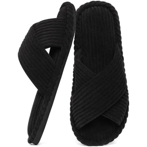 Evshine House Slippers for Women Memory Foam Bedroom Slippers Corduroy Open Toe Slides Shoes Indoor and Outdoor