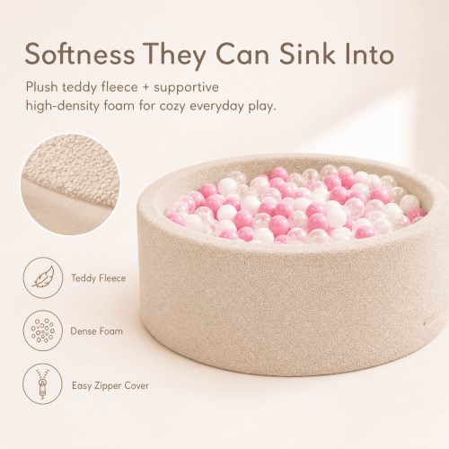 SweHouse Kids Foam Ball Pits for Toddlers Babies Dogs Cats, Soft Teddy Infant Baby Ball Pit Pool for Girls and Boys Gifts with 100 Balls, Indoor and Outdoor Game (Beige, Balls not Included)