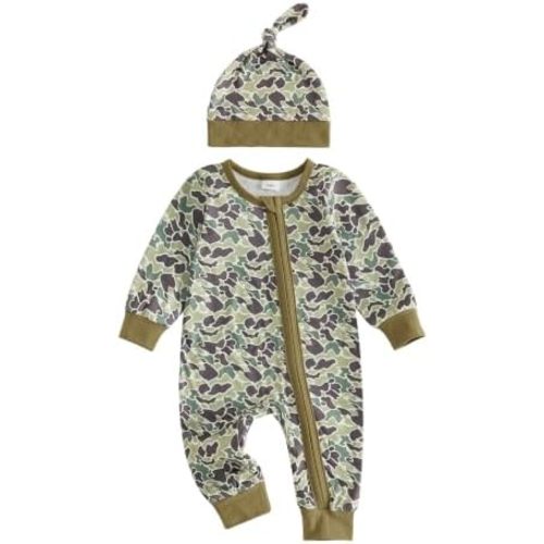 Newborn Baby Boy Clothes Camo Hunting Zipper Romper + Hat
