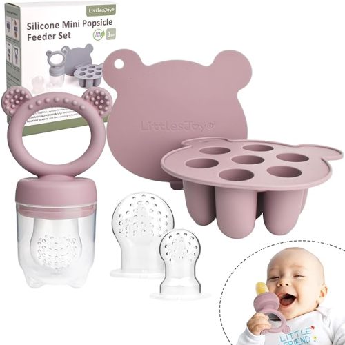 Silicone Baby Fruit Feeder & Freezer Tray Set, Silicone Baby Fruit Food Feeder for Safe Infant Self Feeding, Breast milk popsicle mold, BPA Free Teething Relief for 3 Month+, Additional Silicone Pouches(Dusty Lilac)