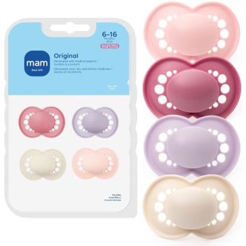 MAM Original Baby Pacifier 6-16 Mths, Skin Soft Silicone Nipple, 4 Pack