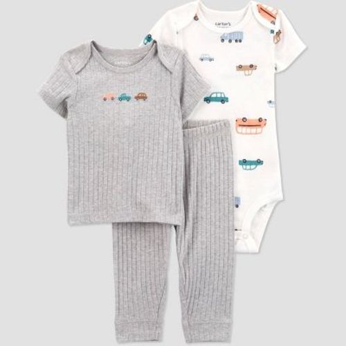 Carter's Just One You®️ Baby Boys' Vehicles Printed Top & Bottom Set - Heather Gray 3M: Cotton Blend, Crotch Snap, Pull-On Pants