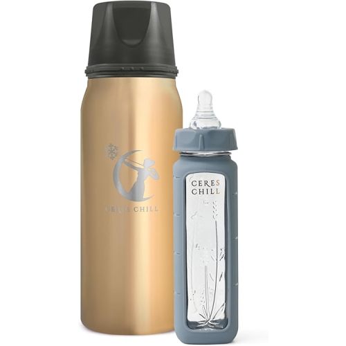 Ceres Chill Breastmilk Chiller/Warmer Bundle, 27oz of Storage, 20 Hour Chill, Comes with Glass Baby Bottle for The Ultimate Bottle Warming Duo (You're So Golden Chiller & Gray Bottle)