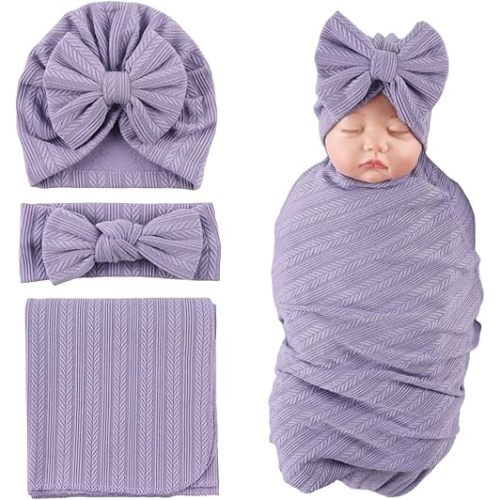 OMUKY Newborn Receiving Blanket Bow Headband and Beanie Set Baby Swaddle Receiving Blankets Baby Boy Girls Nursery Swaddle Wrap(Purple)