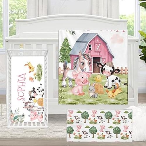 Custom Crib Bedding Set - 3 Pcs Personalized Baby Crib Set With Baby Name, Farm Animals Theme, Nursery Bedding Set For Girls, Customized Gifts For Kids