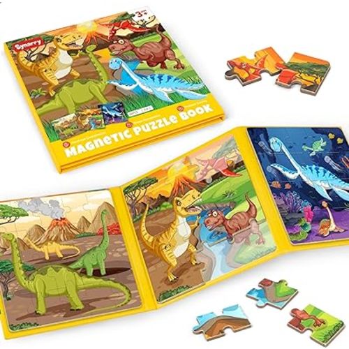SYNARRY Magnetic Dinosaur Puzzles for Kids Ages 3-5, 20 Pieces Puzzles for Toddlers 4-6, Children Travel Activity Toys Games Gifts for Kids Boys Girls Ages 3 4 5 in Car Airplane Magnet for Road Trip