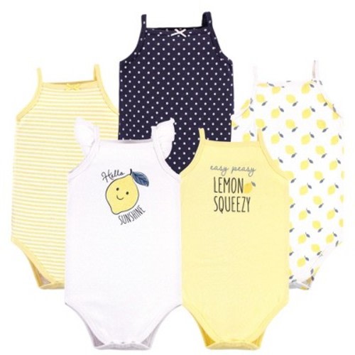 Hudson Baby Infant Girl Cotton Sleeveless Bodysuits, Navy Lemon, 3-6 Months