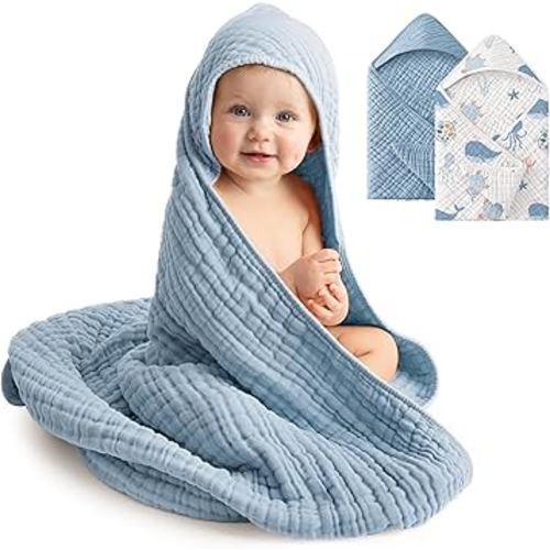 Baby Bath Towels, 100% Muslin Cotton Hooded Baby Towels for Newborn, 2 Pack Baby Towels with Hood for Infant Toddler and Kids, Large 32x32Inch Unisex Bath Essentials, Soft and Absorbent
