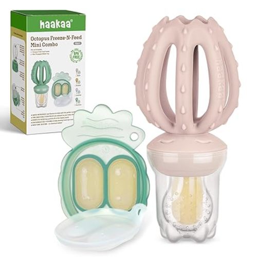 Haakaa Octopus Baby Fruit Food Feeder & Mini Freezer Nibble Tray Combo, Breastmilk Popsicle Molds for Cooling Relief, BPA Free Silicone Feeder for Safe Infant Self Feeding, 4 Month+（Blush）
