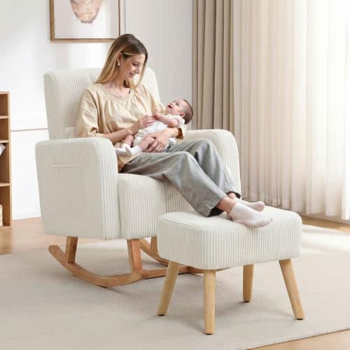 HCHAIRH Rocking Nursing Chair with Ottoman, Corduroy Glider Rocker Armchair with Side Pocket and High Backrest, Comfy Reading Chair with Solid Wood Legs for Nursery, Living Room,Bedroom, Beige