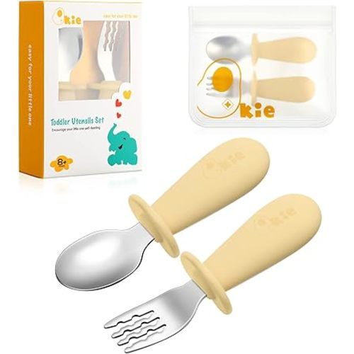 Toddler Utensils, Toddler Forks and Spoons, Baby Spoons Self Feeding, Stainless Steel Baby Silverware with BPA Free Silicone Easy Grip, 8 Months+
