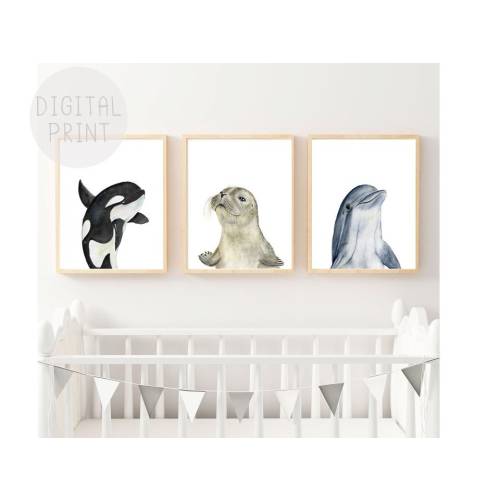 Set of 3 Ocean Nursery Decor, PRINTABLE, Ocean Animals Art, Orca Print, Dolphin Print, Otter Print, Seal Print, Nautical Nursery Prints