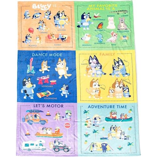 Jay Franco Bluey Early Education Learning Blanket - Measures 60 x 90 Inches - Super Soft Plush Teaching Blanket for Children – Music, Vehicles & Animals Kids Bedding