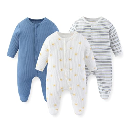 JELYLOVE Unisex Baby Boy Girl Footies Rompers Cotton Long Sleeve 3 Pack Infant Jumpsuits 0-12Months Babies' Outfits