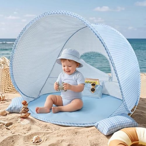 Tiny Land Baby Beach Tent, 2026 New Pop Up UPF 50+ Sun Protection | Portable Baby Beach Essentials, 35.4"x27.6"x31.5" Sun Shelter for Infants, Baby Summer Outdoor Use, Light Blue Gingham