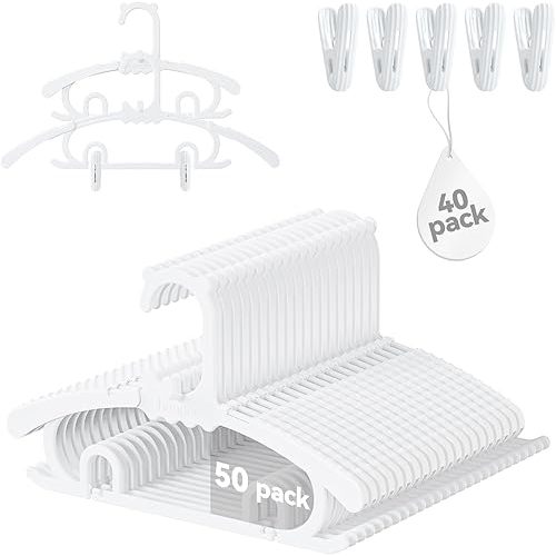 50 Pack Baby Hangers,with 40 Detachable Clips Adjustable 11.14"-15.55", Stackable Kids Closet Hangers, Two Bottom Grooves for Secure Clip Placement.Fits Newborns,Toddlers, Children & Teens(White)