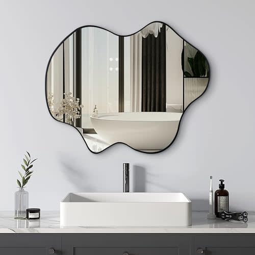 Tanmicoshomy Black Bathroom Mirror 22x30 Inch, Asymmetrical Wavy Wall Mirrors for Bathroom, Bedroom or Living Room, Vertical or Horizontal Hanging
