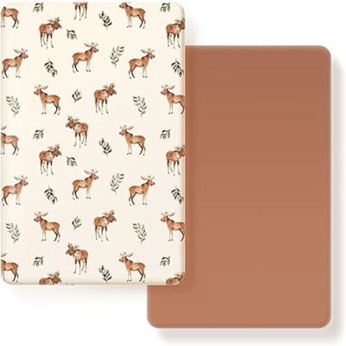GRSSDER Stretchy Ultra Soft Jersey Knit Pack and Play Sheets 2 Pack, Portable/Mini Crib Sheets Universal Fitted for Playpen Mattress Safe and Snug, Elk Print