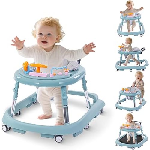 Foldable Baby Walker with Wheels – 9 Adjustable Heights, Reinforced Frame, Activity Center with Music & Lights, Removable Tray, Two Rear Wheel Modes (Swivel or Forward-Only) for Babies 6-18 Months