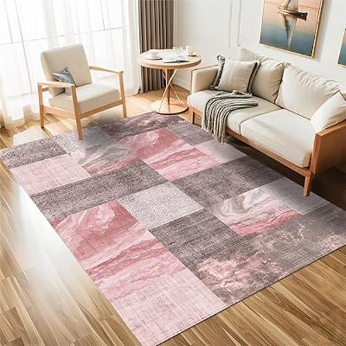 5×7 Washable Modern Area Rugs,Checkered Abstract Neutral Non-Slip High Traffic Large Carpet for Office,Living Room,Bedroom,Dining Room and Farmhouse,Girls Room,Pink Brown Grey