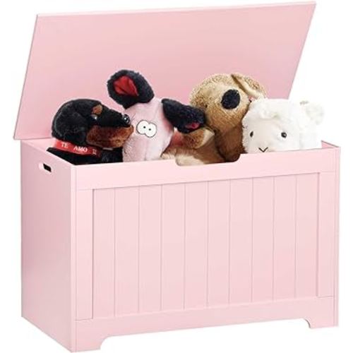 Wooden Storage Chest Box with Flip-top Lid & Safety Hinge, Living Room Organizer, Bedroom Bench with 100L Storing Area, Pink