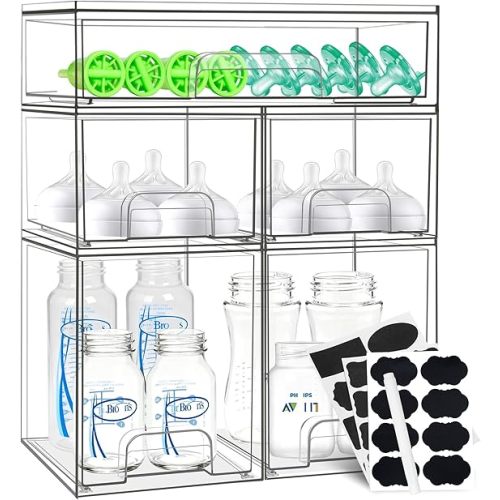 Baby Bottle Organizer, 4 Pack Stackable Storage Drawers with Labels, Clear Station Organizers Container for Pacifiers, Pump Parts, Desk Organizer Bins for Bathroom, Cabinet, Pantry, Vanity, Countertop