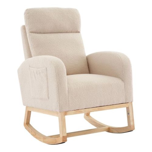 Beige Teddy Nursery Rocking Chair with High Back, Glider Chair with Side Pockets & Solid Wood Base, 300LB Nursery Recliner Chair for Living Room