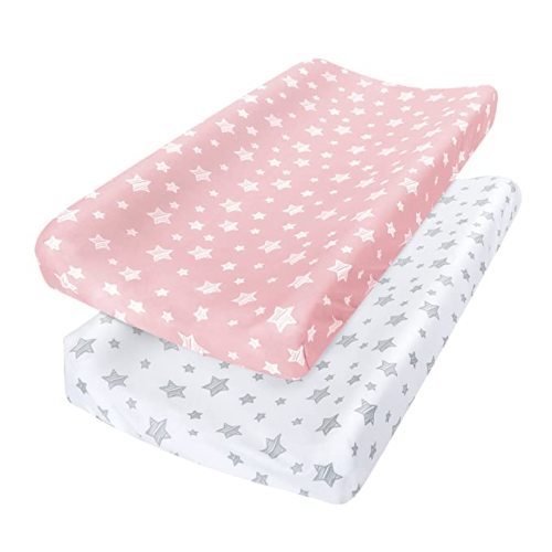 Changing Pad Cover for Girls 2 Pack, Lovely Print Soft Unisex Diaper Change Table Sheets, Fit 32"x16" Contoured Pad, Comfy Cozy 2-Pack Cradle Sheets, Pink&White
