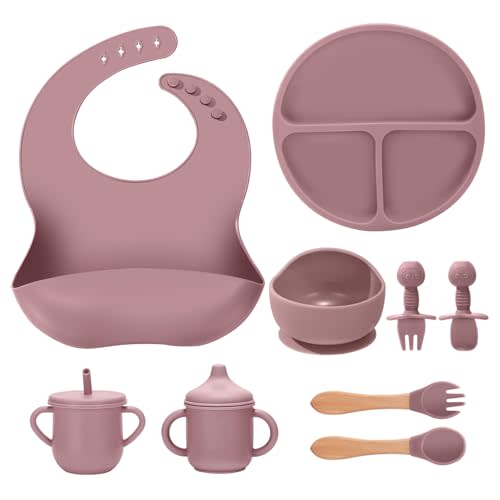Silicone Baby Feeding Set 9 Pcs, Spill-Proof Suction Plate, Bowl, Bib, Silicone spoon&forks, Wooden Spoons&forks, Training cup with straw and Sippy Cup, Baby Eating Utensils (Pink)