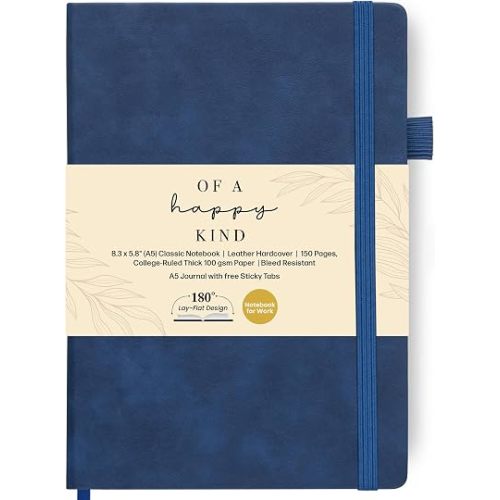 A5 Lined Leather Bound Writing Journal Blue Notebook 300 Pages 5.8x8.3"