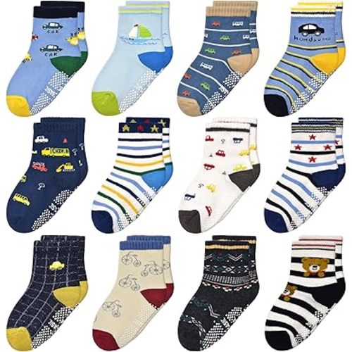 Tphon Non Slip Kids Toddler Socks with Grippers Baby 12 Pairs Anti Skid Socks for Boys Girls 0-7 Year Children