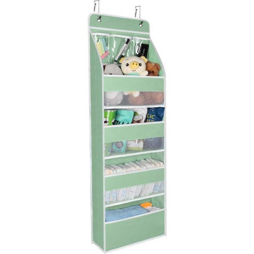 Univivi 5-Shelf Fabric Door Storage Over Door Hanging Organizer with 4 Large Pockets and 3 Small PVC Pockets Nursery Closet Cabinet Wall Mount Hanging Storage Organizers for Baby Nursery (Green)