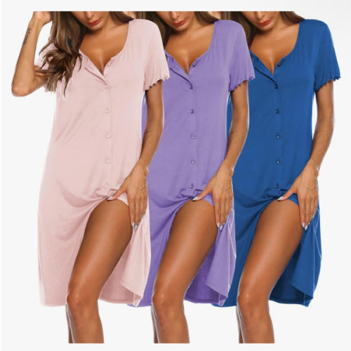 Ekouaer 3 Pack Women's Button Down Nightgowns Short Sleeve Night Shirts for Women Sleepwear V Neck Sleep Dress