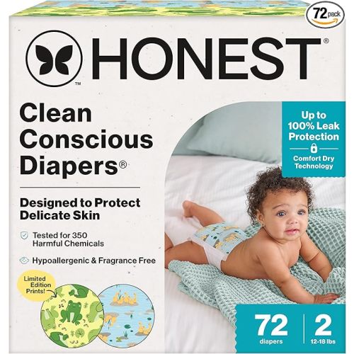 The Honest Company Clean Conscious Diapers®, Up to 100% Leak Protection, Designed to Protect Delicate Skin, Hypoallergenic + Fragrance-Free, UR Ribbiting + Waddle It Be, Club Box, Size 2, 72 Count