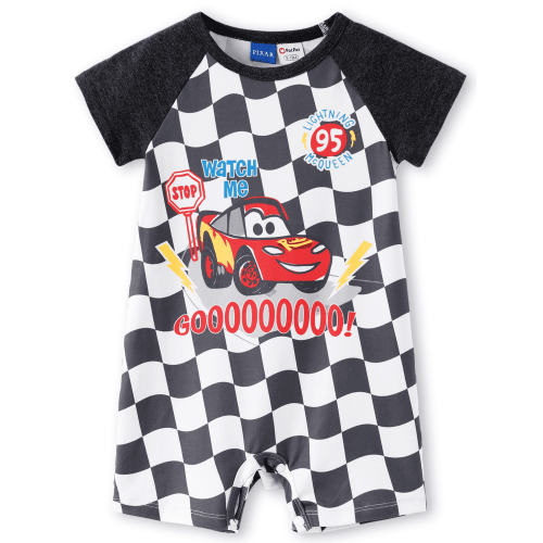 Disney Cars Baby Boys Romper Black White Checkered Lightning McQueen Graphic Short Sleeve One Piece Jumpsuit Infant