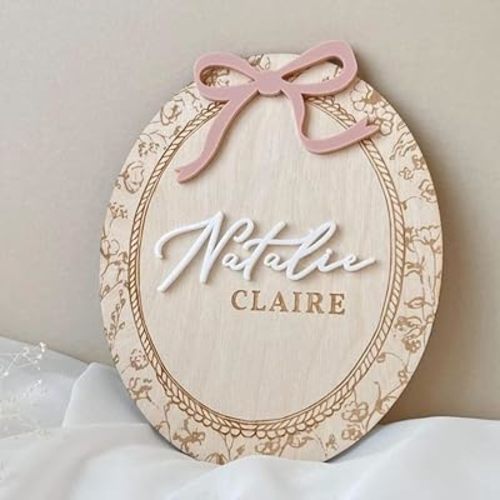 Personalized Baby Girl Name Sign with Bow, Custom Wooden Birth Stat Plaque with Footprint, for Hospital Door Display, Nursery Wall Decor and Newborn Keepsake Gift