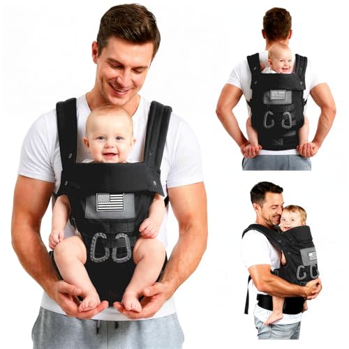 Baby Carrier, Lumbar Support Infant Carrier (0-36M, 8-33 lbs) with Foldable Headrest Carabiners for Big and Tall Parents, Men, Women (Black)